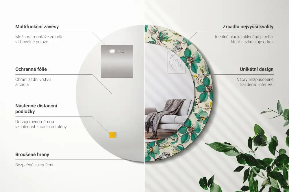 Oglindă rotundă de perete decorată cu flori și păsări
