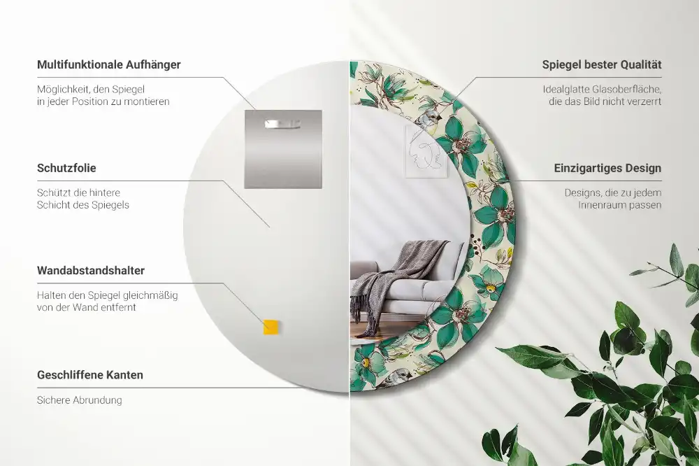 Oglindă rotundă de perete decorată cu flori și păsări