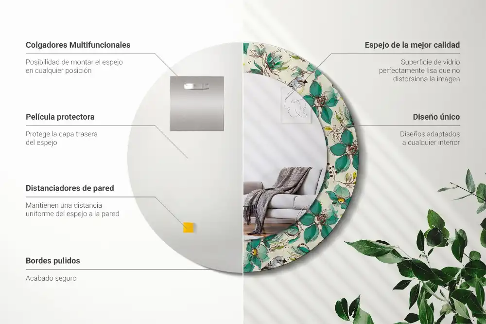 Oglindă rotundă de perete decorată cu flori și păsări