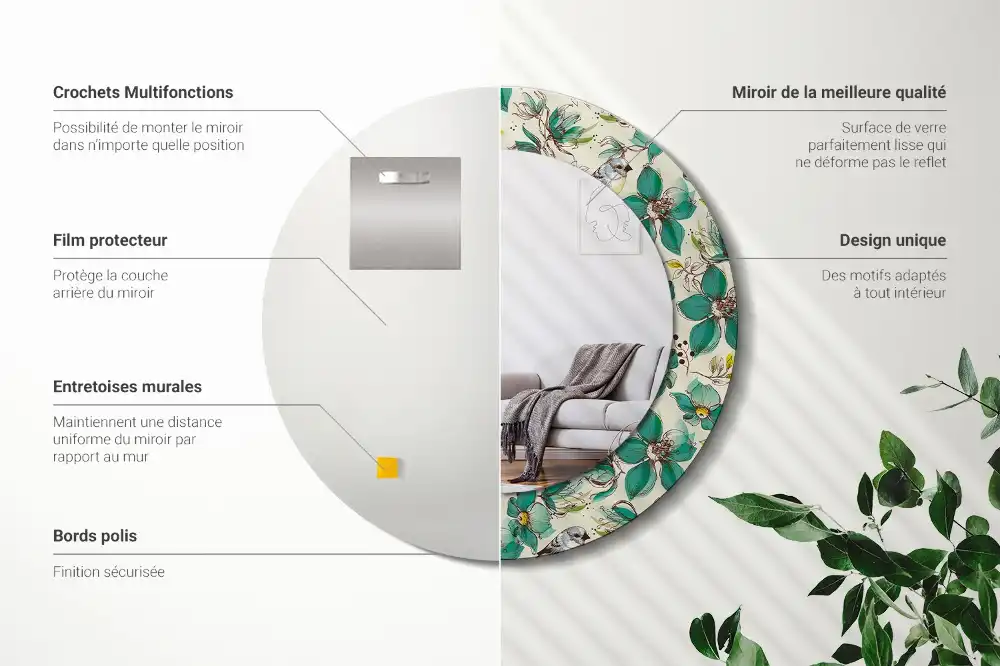 Oglindă rotundă de perete decorată cu flori și păsări