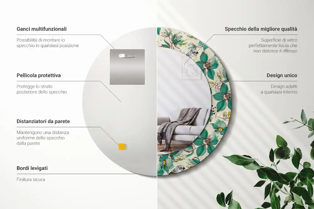 Oglindă rotundă de perete decorată cu flori și păsări