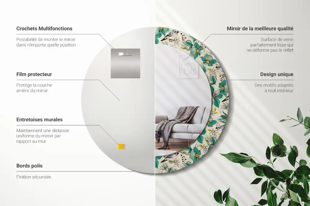 Oglindă rotundă de perete decorată cu flori și păsări