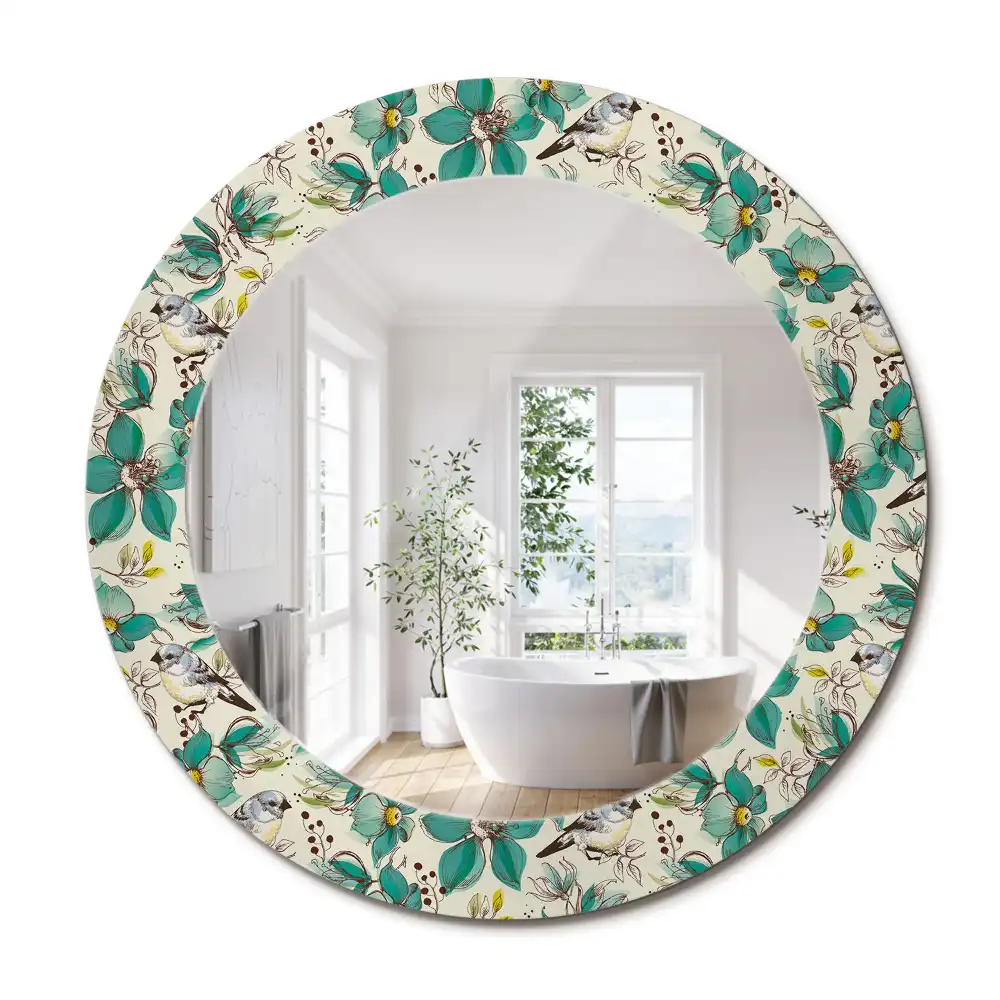 Oglindă rotundă de perete decorată cu flori și păsări
