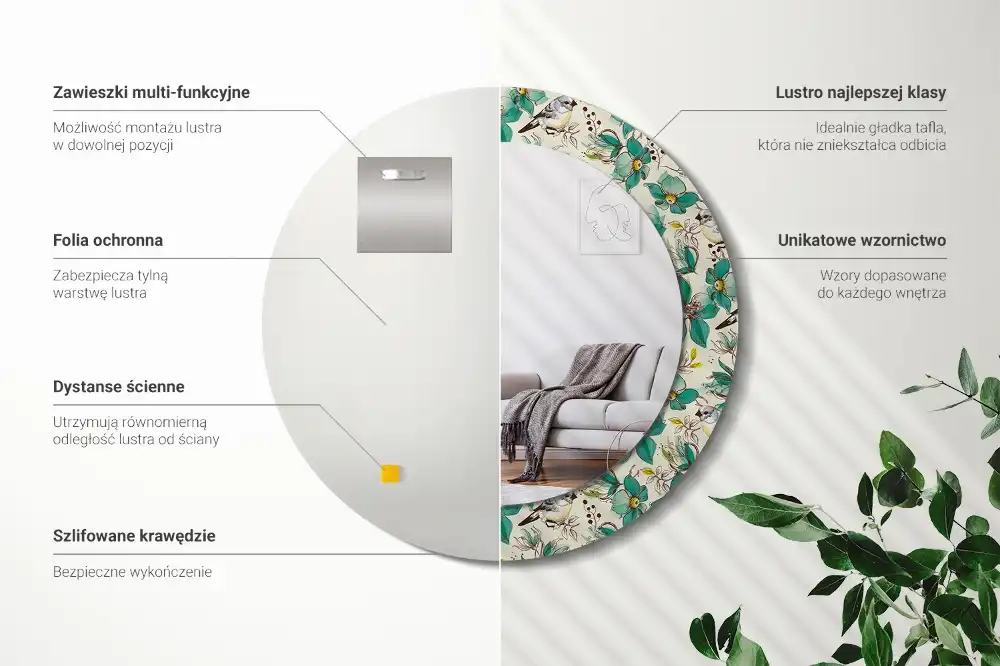 Oglindă rotundă de perete decorată cu flori și păsări