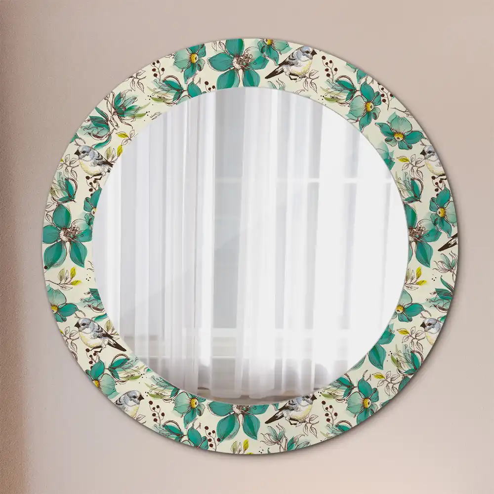 Oglindă rotundă de perete decorată cu flori și păsări
