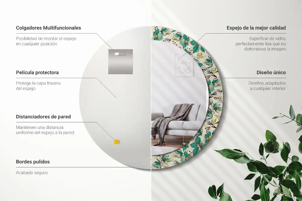 Oglindă rotundă de perete decorată cu flori și păsări