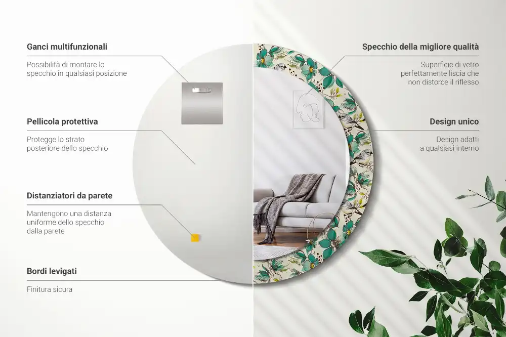 Oglindă rotundă de perete decorată cu flori și păsări