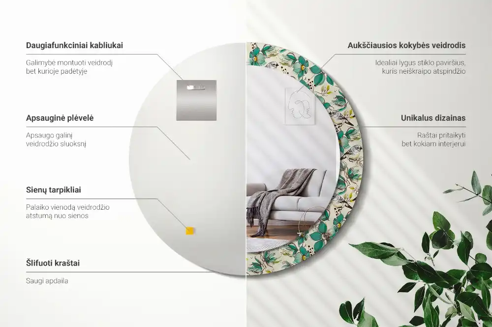 Oglindă rotundă de perete decorată cu flori și păsări