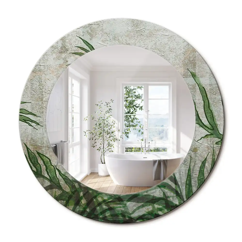 Oglindă rotundă decorativă cu model frunze de ferigă