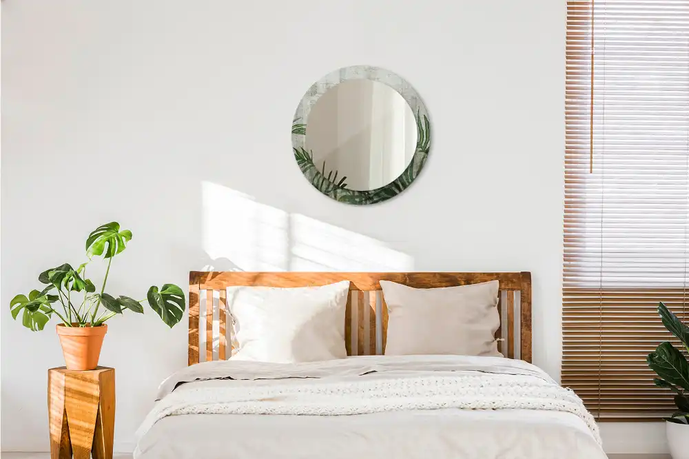 Oglindă rotundă decorativă cu model frunze de ferigă
