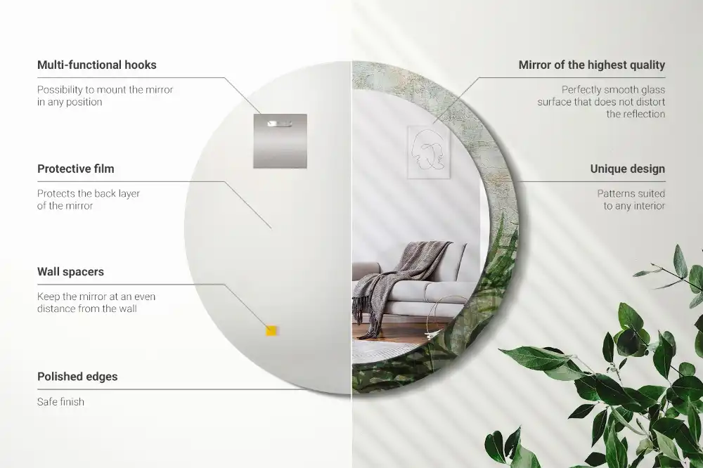 Oglindă rotundă decorativă cu model frunze de ferigă