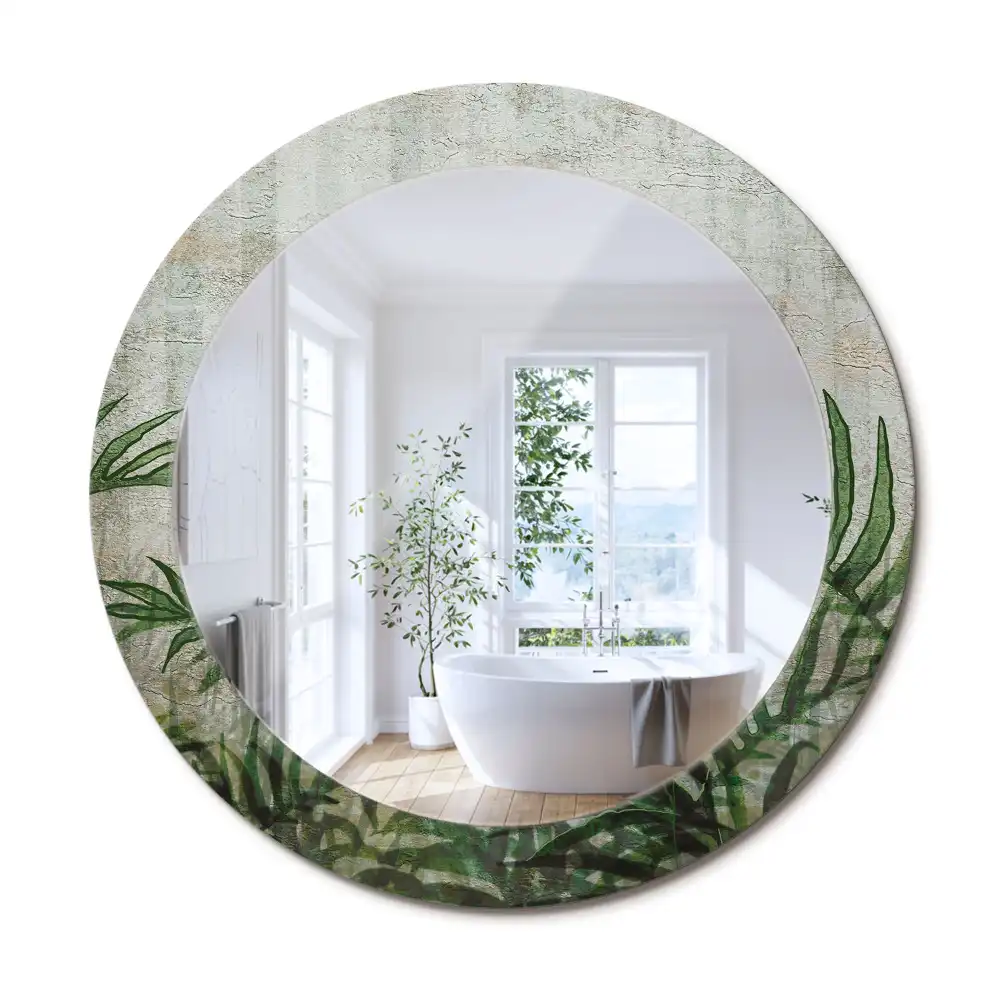 Oglindă rotundă decorativă cu model frunze de ferigă