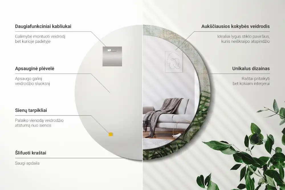 Oglindă rotundă decorativă cu model frunze de ferigă