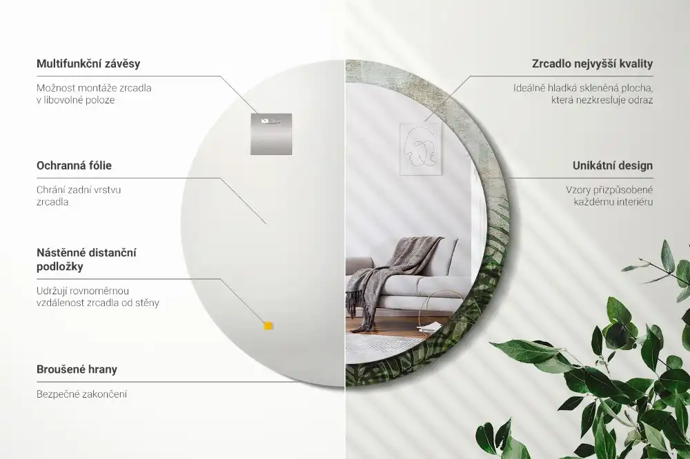 Oglindă rotundă decorativă cu model frunze de ferigă