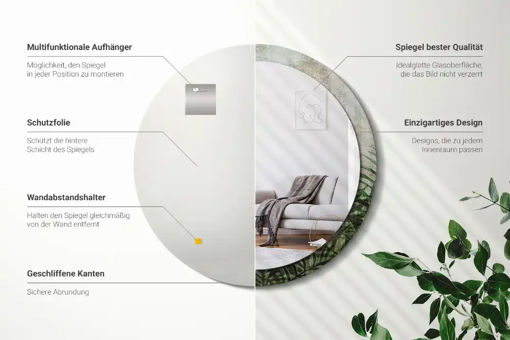 Oglindă rotundă decorativă cu model frunze de ferigă