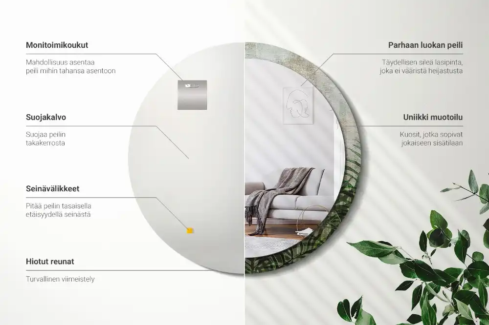 Oglindă rotundă decorativă cu model frunze de ferigă
