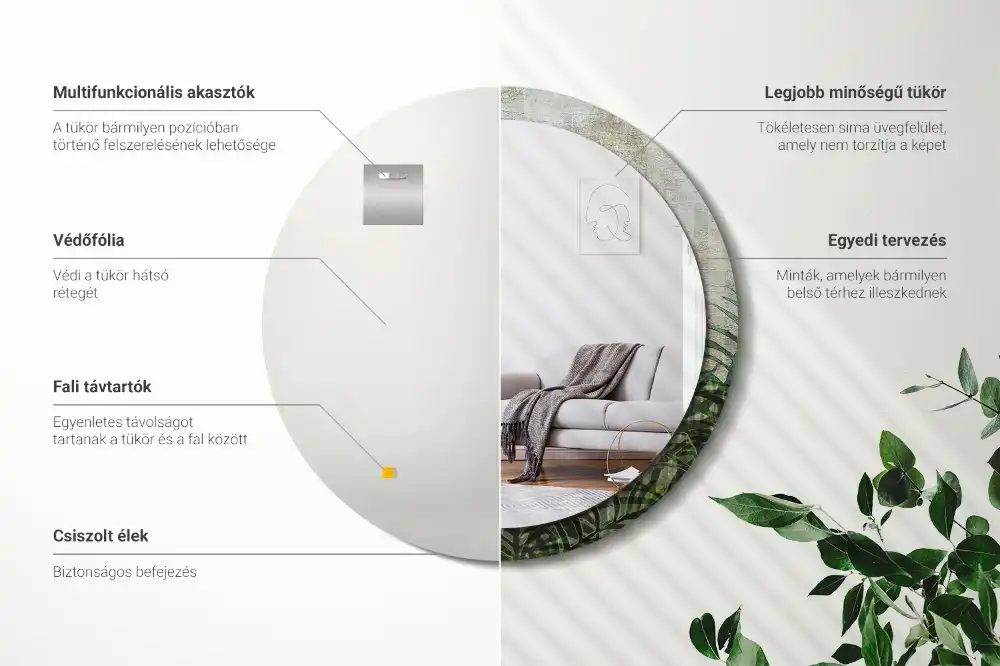 Oglindă rotundă decorativă cu model frunze de ferigă