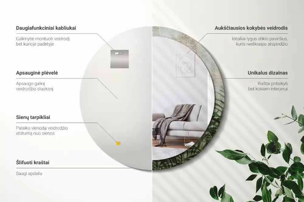 Oglindă rotundă decorativă cu model frunze de ferigă