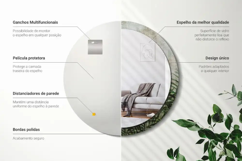 Oglindă rotundă decorativă cu model frunze de ferigă