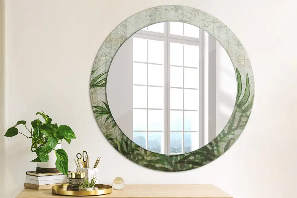 Oglindă rotundă decorativă cu model frunze de ferigă