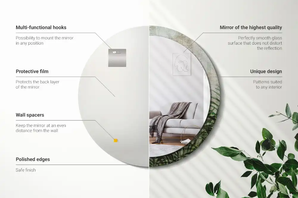 Oglindă rotundă decorativă cu model frunze de ferigă
