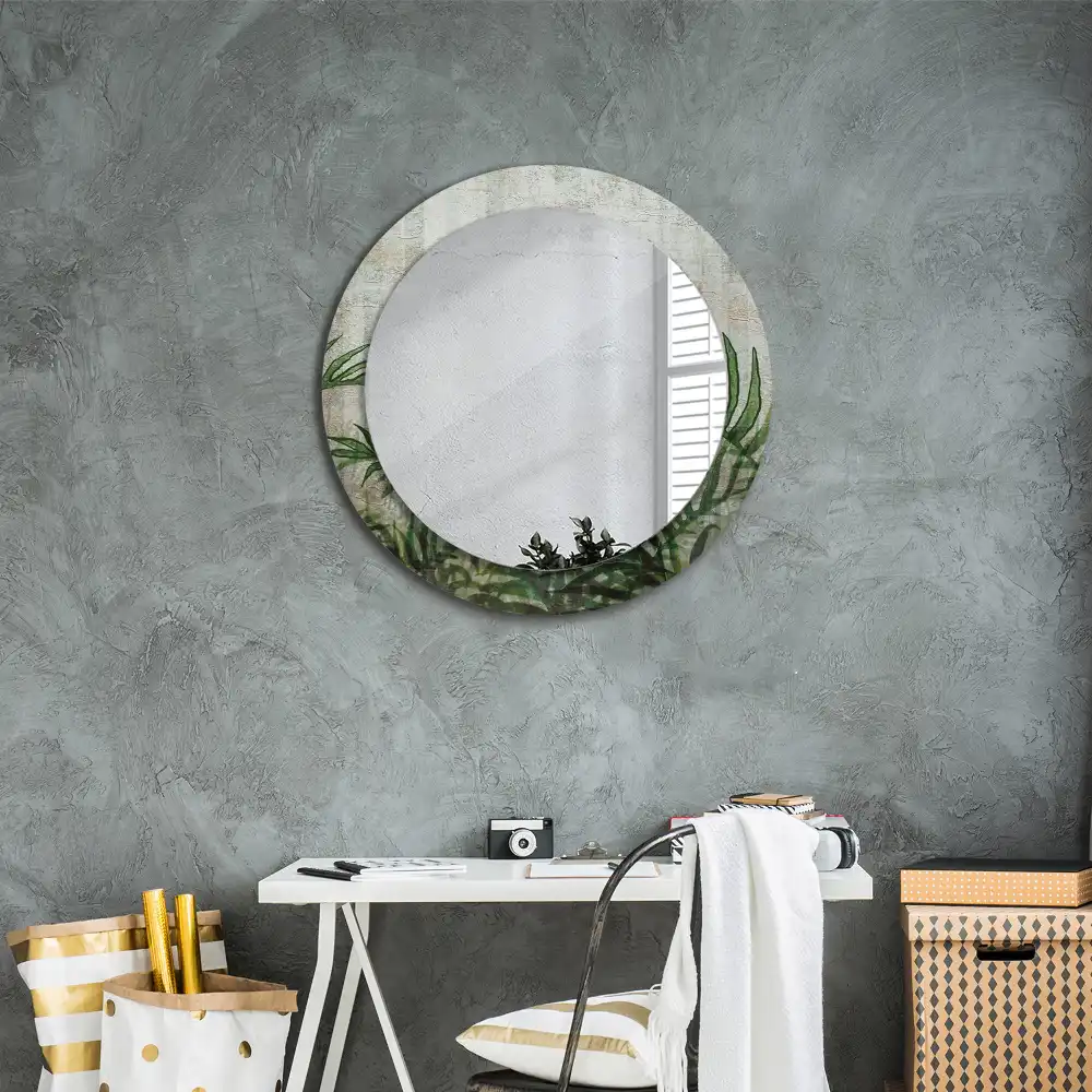 Oglindă rotundă decorativă cu model frunze de ferigă
