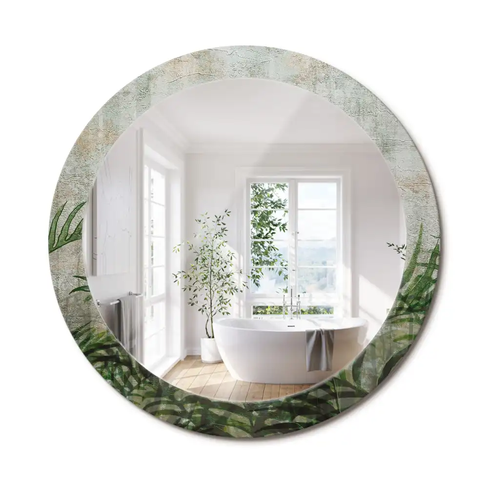 Oglindă rotundă decorativă cu model frunze de ferigă