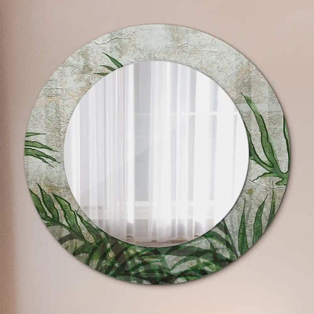 Oglindă rotundă decorativă cu model frunze de ferigă