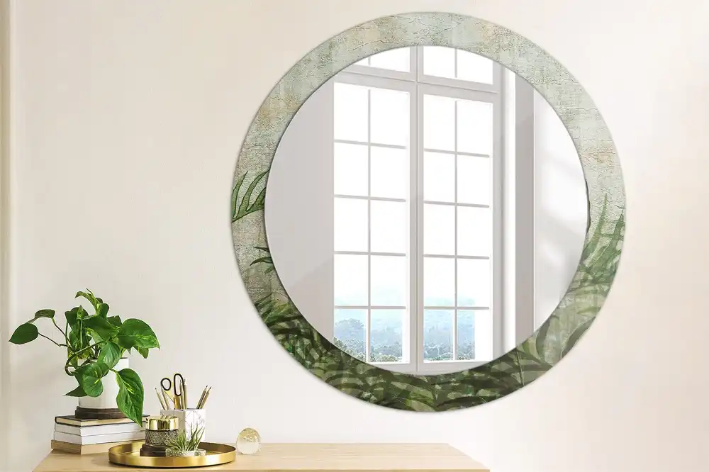 Oglindă rotundă decorativă cu model frunze de ferigă