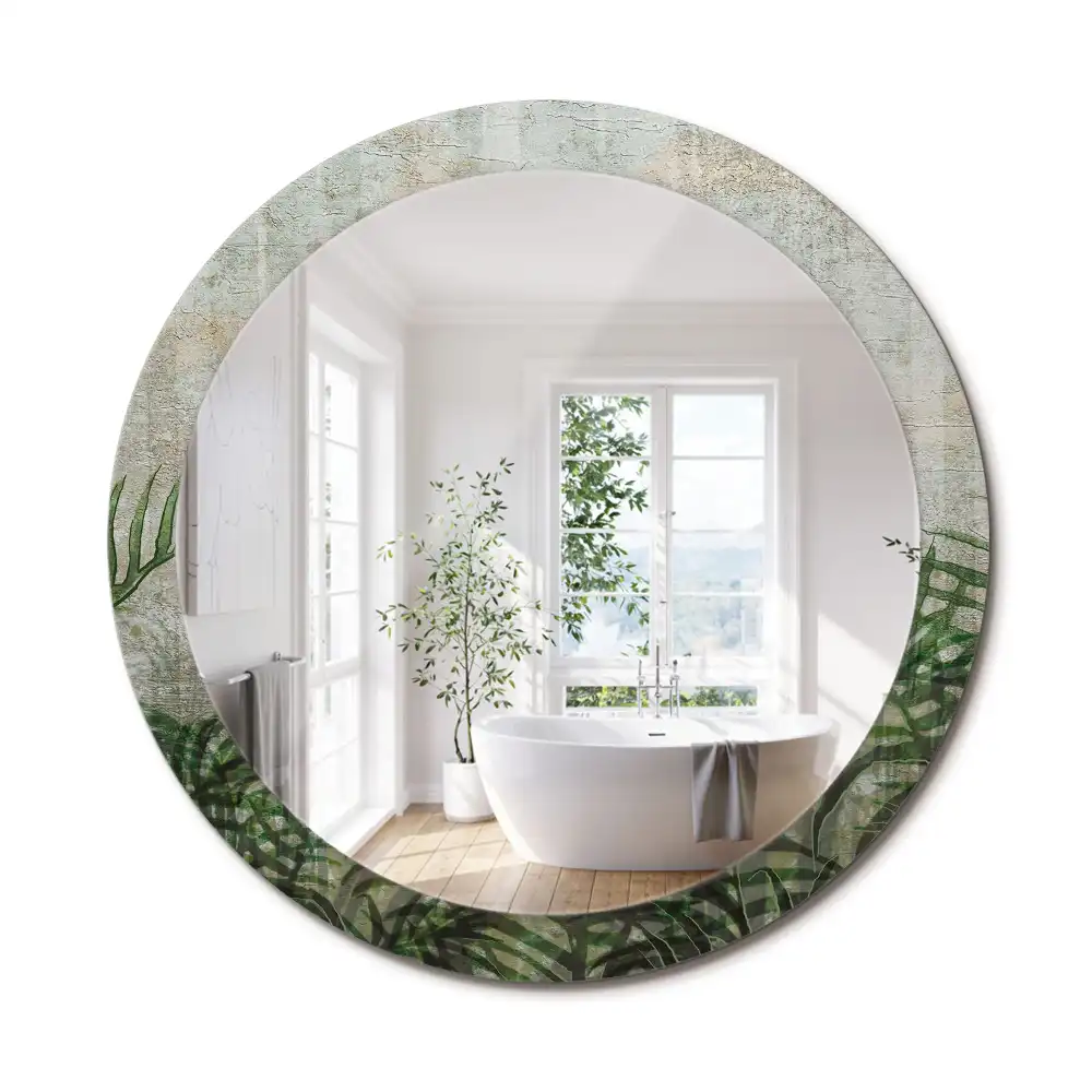 Oglindă rotundă decorativă cu model frunze de ferigă