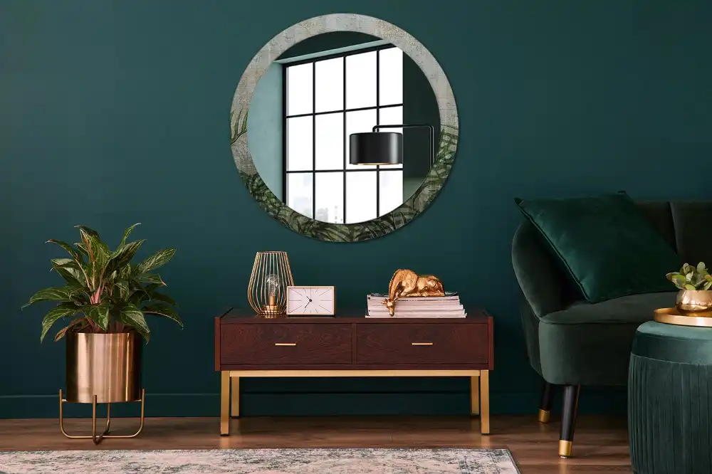Oglindă rotundă decorativă cu model frunze de ferigă