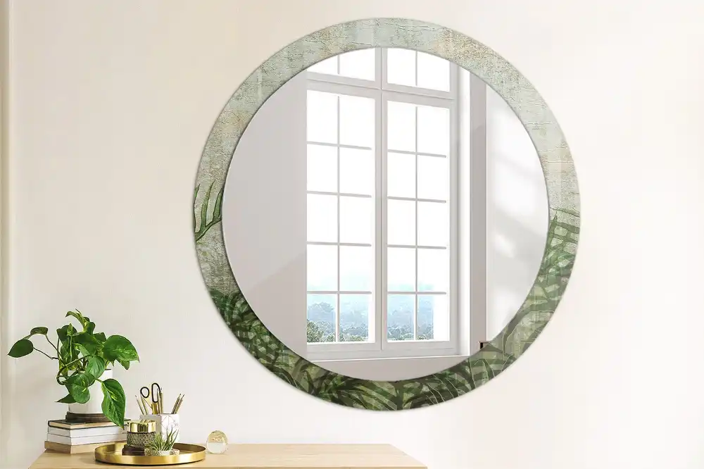 Oglindă rotundă decorativă cu model frunze de ferigă