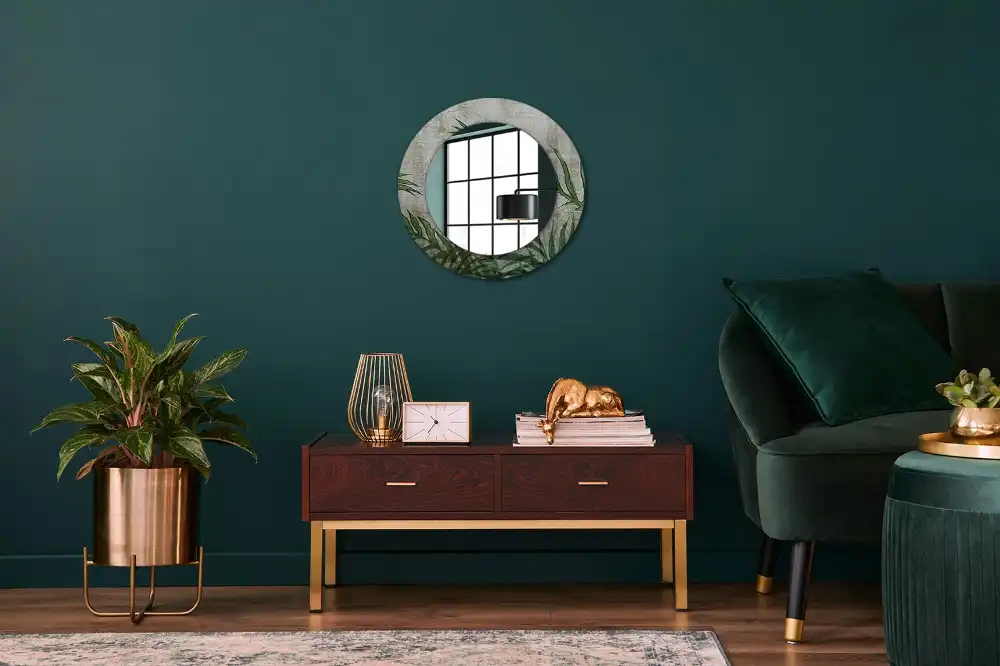 Oglindă rotundă decorativă cu model frunze de ferigă