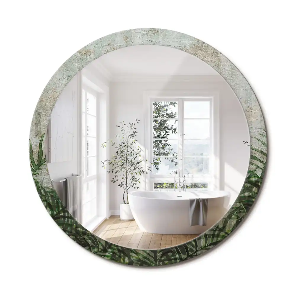 Oglindă rotundă decorativă cu model frunze de ferigă