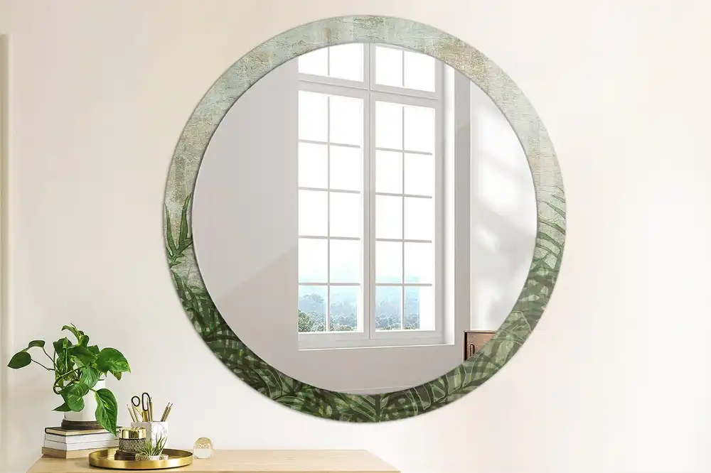 Oglindă rotundă decorativă cu model frunze de ferigă