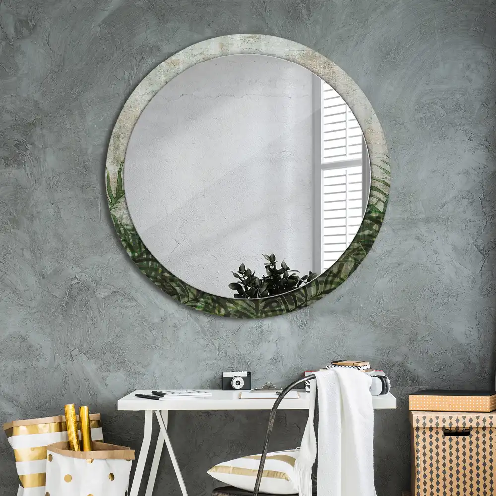 Oglindă rotundă decorativă cu model frunze de ferigă