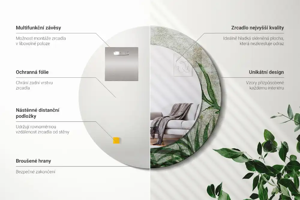 Oglindă rotundă decorativă cu model frunze de ferigă