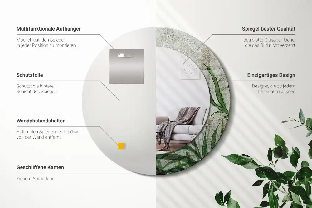 Oglindă rotundă decorativă cu model frunze de ferigă