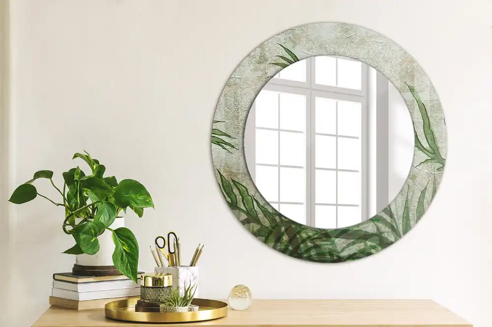 Oglindă rotundă decorativă cu model frunze de ferigă