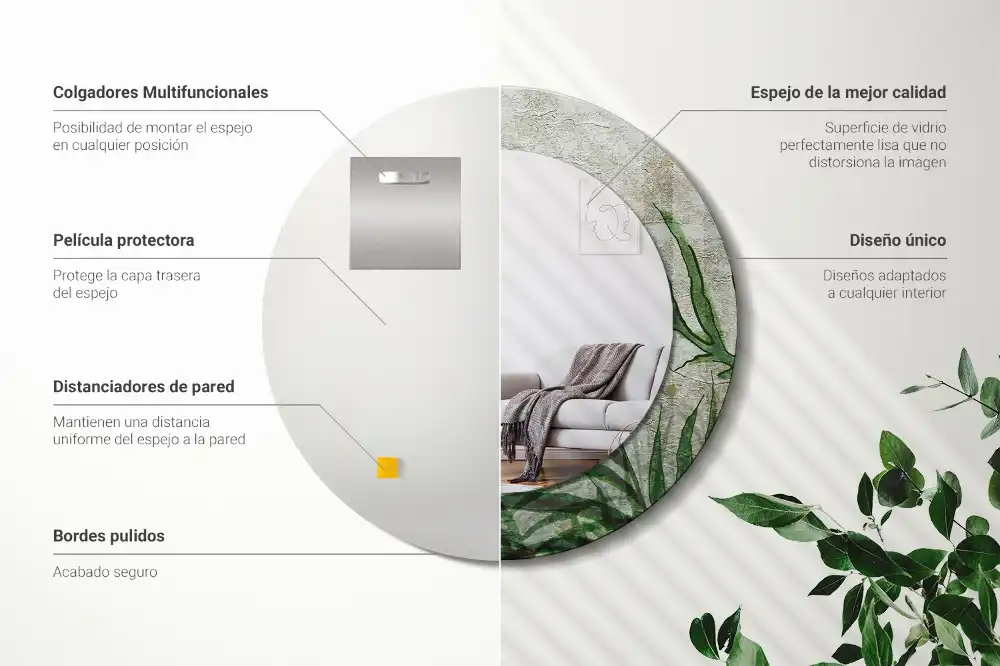 Oglindă rotundă decorativă cu model frunze de ferigă