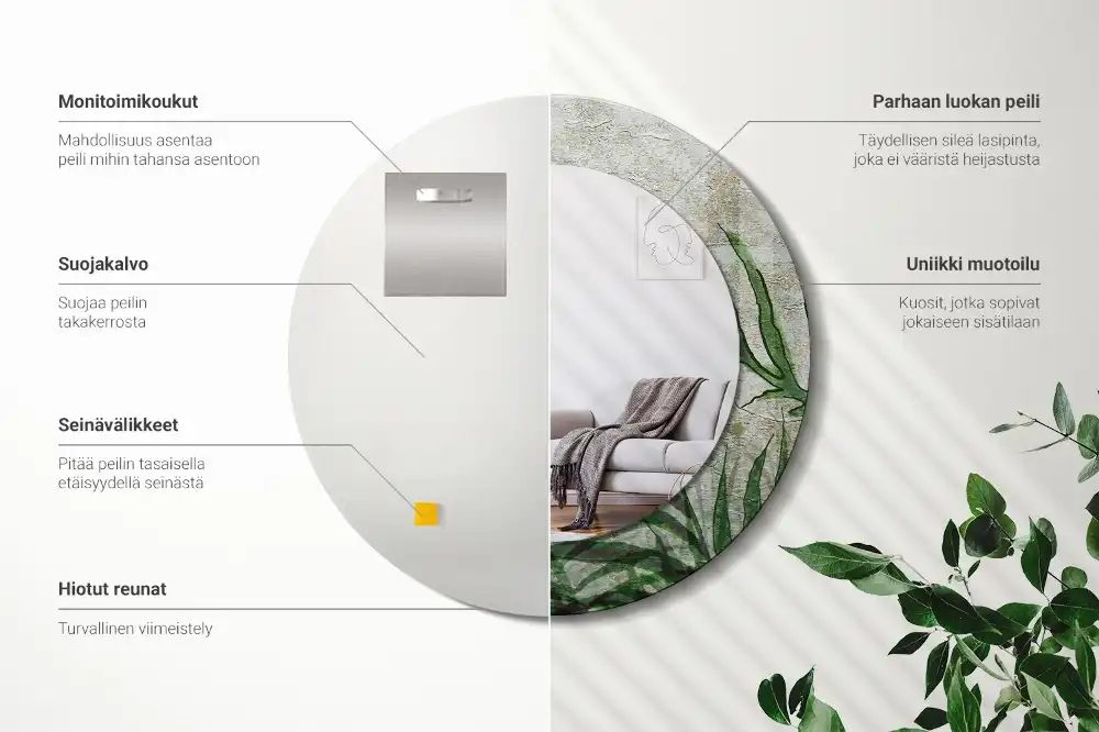 Oglindă rotundă decorativă cu model frunze de ferigă