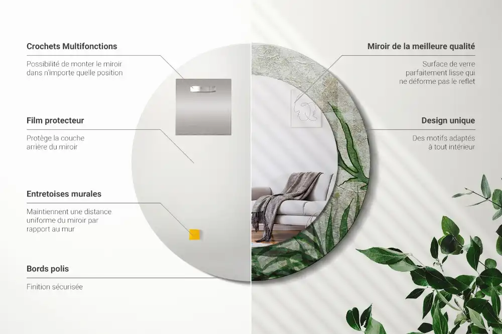Oglindă rotundă decorativă cu model frunze de ferigă