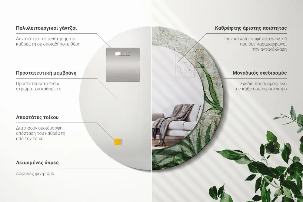 Oglindă rotundă decorativă cu model frunze de ferigă