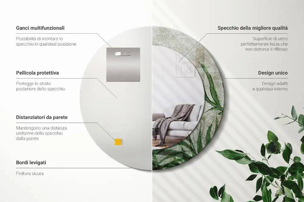 Oglindă rotundă decorativă cu model frunze de ferigă