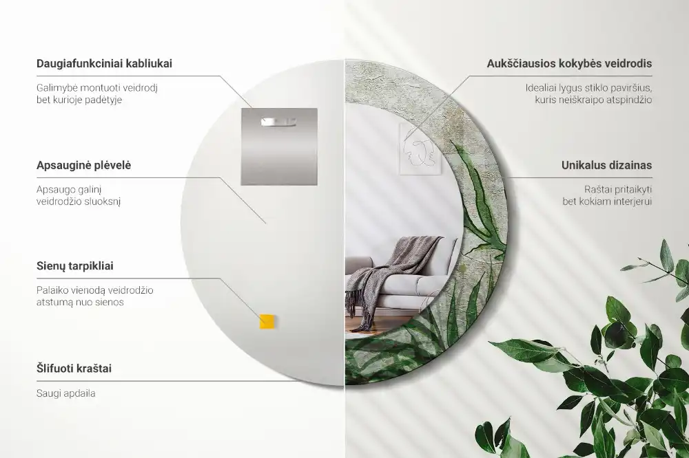 Oglindă rotundă decorativă cu model frunze de ferigă