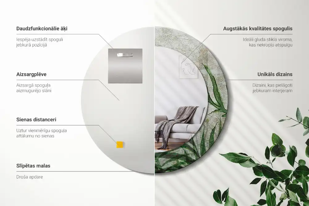 Oglindă rotundă decorativă cu model frunze de ferigă
