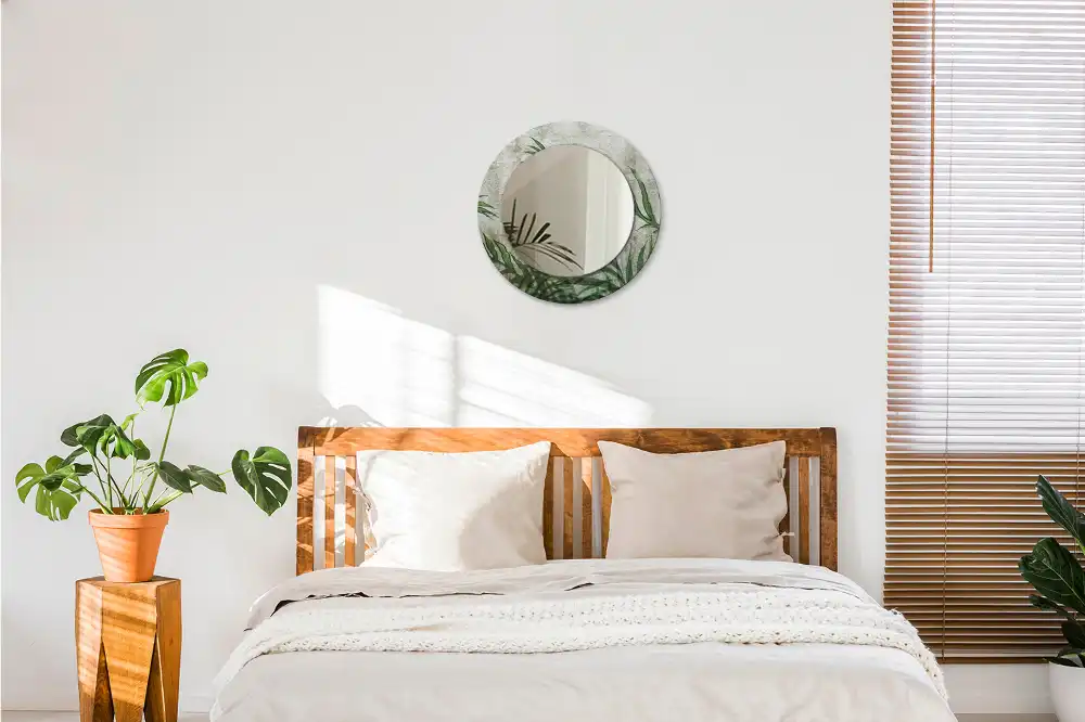 Oglindă rotundă decorativă cu model frunze de ferigă