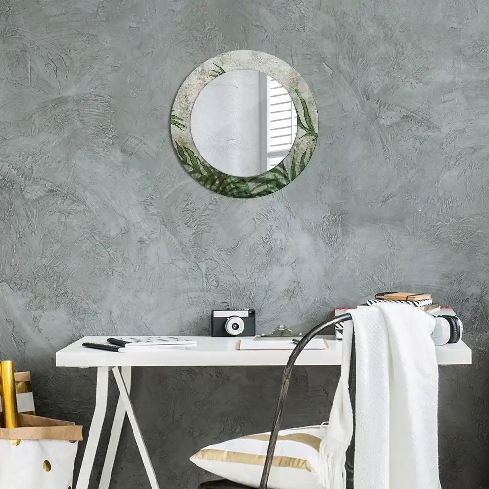 Oglindă rotundă decorativă cu model frunze de ferigă