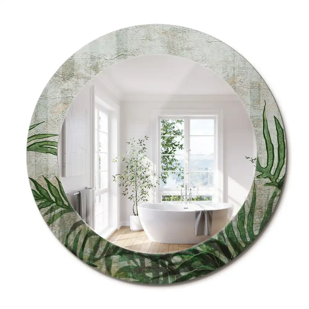 Oglindă rotundă decorativă cu model frunze de ferigă