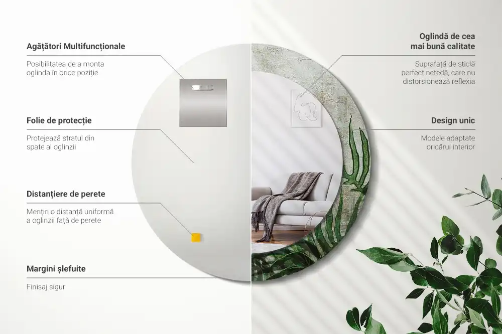 Oglindă rotundă decorativă cu model frunze de ferigă